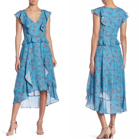 blue ruffle midi dress